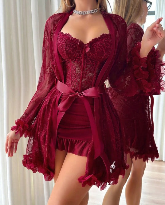 Conjunto Premium Sedusiene – Robe + Camisola Corpete Vinho