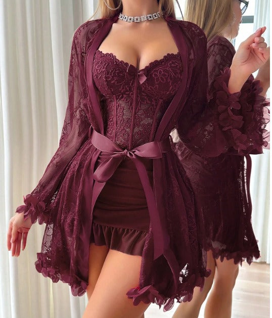 Conjunto Premium Sedusiene – Robe + Camisola Corpete Vinho