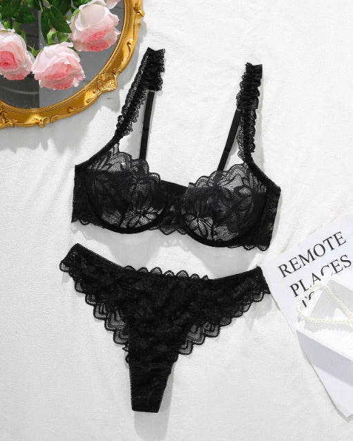 Conjunto Renda Premium Balconet Leque – Sutiã com Aro e Calcinha Sem Bojo